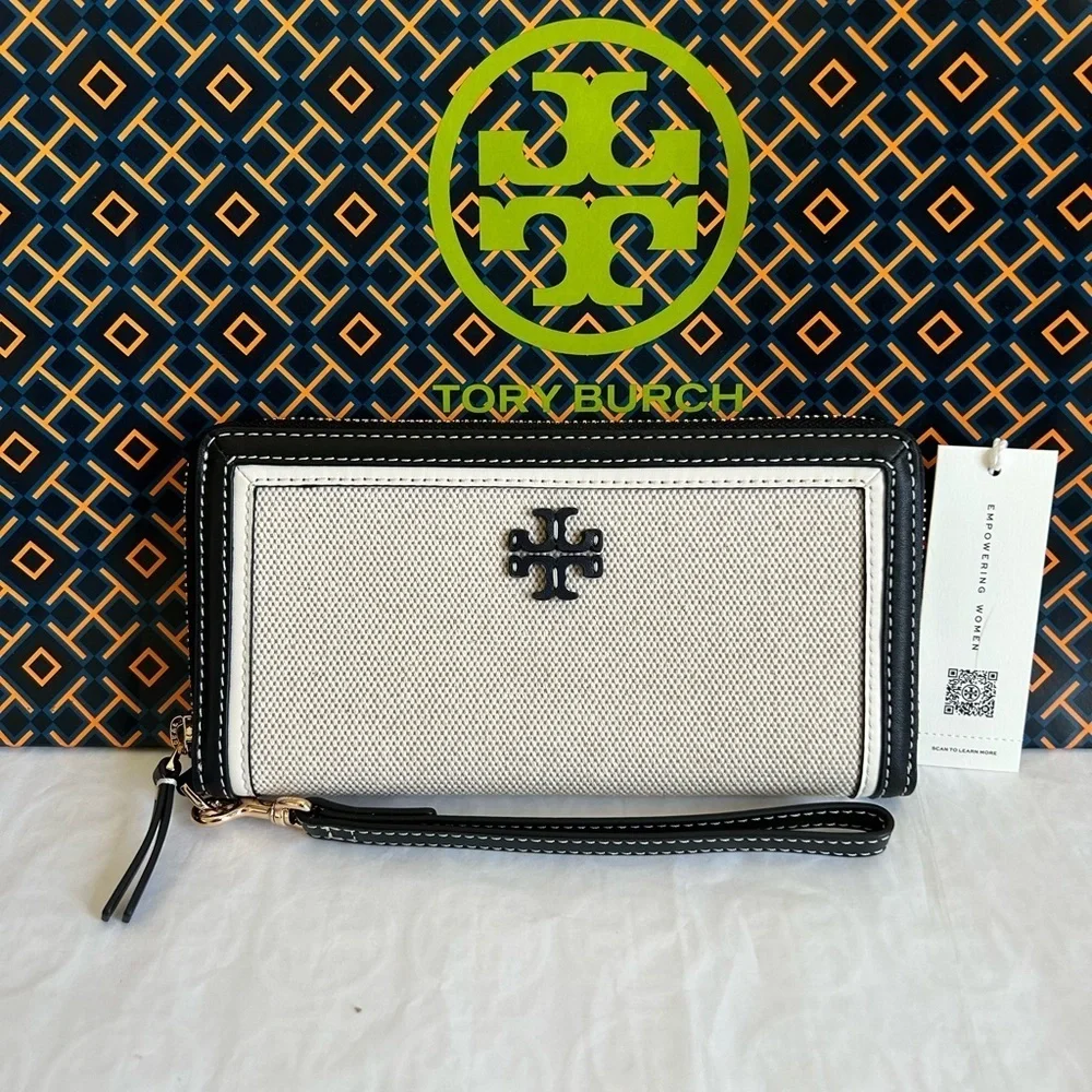Tory Burch Emerson Canvas Zip Continental Wallet Multi Leather Black Tan Gold